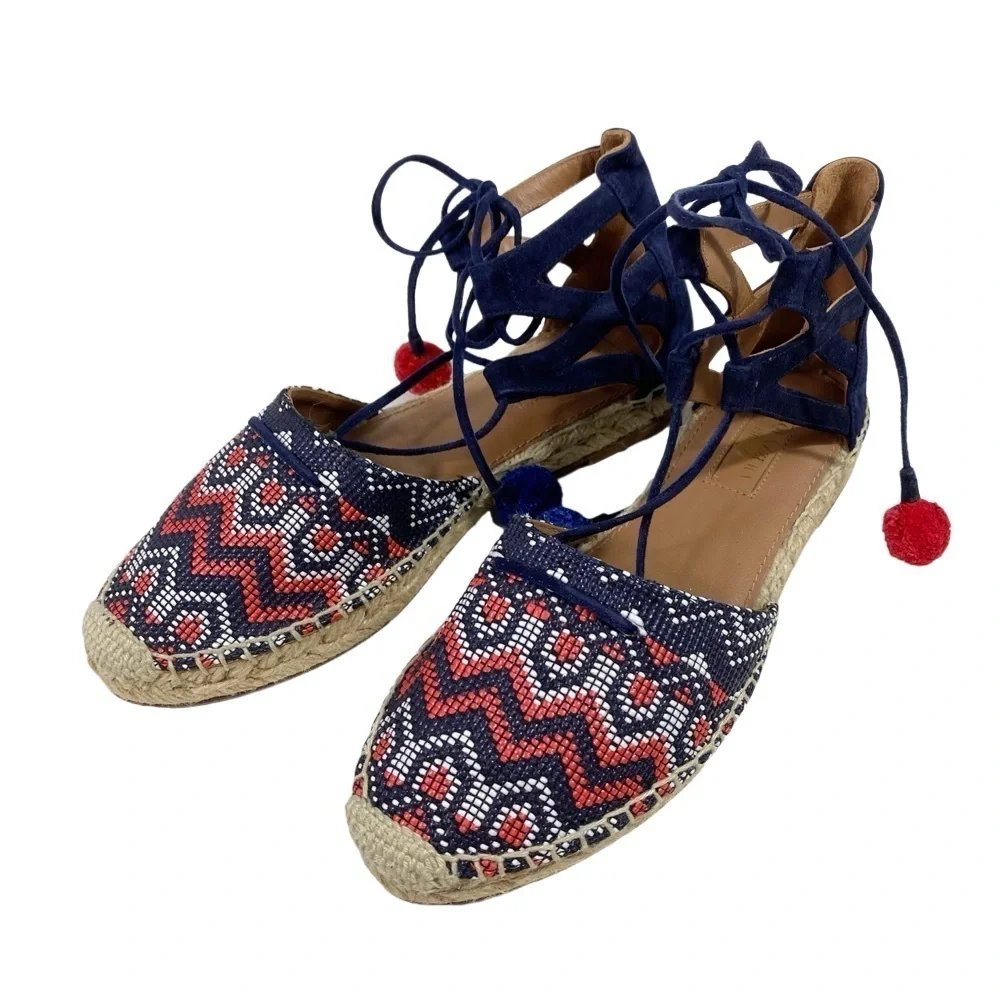 AQUAZZURA Belgravia Blue Suede Pom Pom Raffia Embroidered Woven Espadrilles